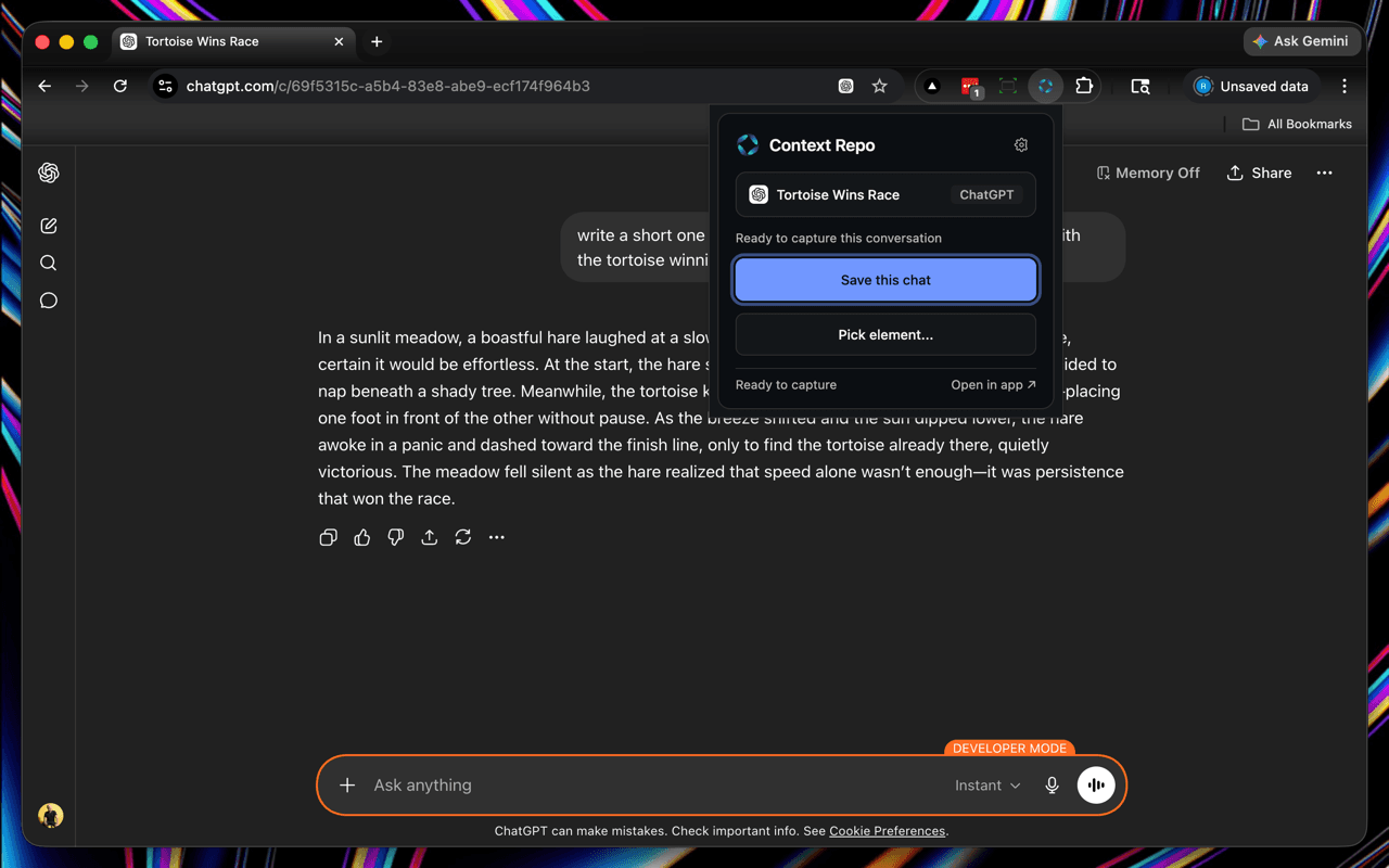 Context Repo extension popup capturing a ChatGPT conversation as role-tagged Markdown, with Save this chat and Pick element actions
