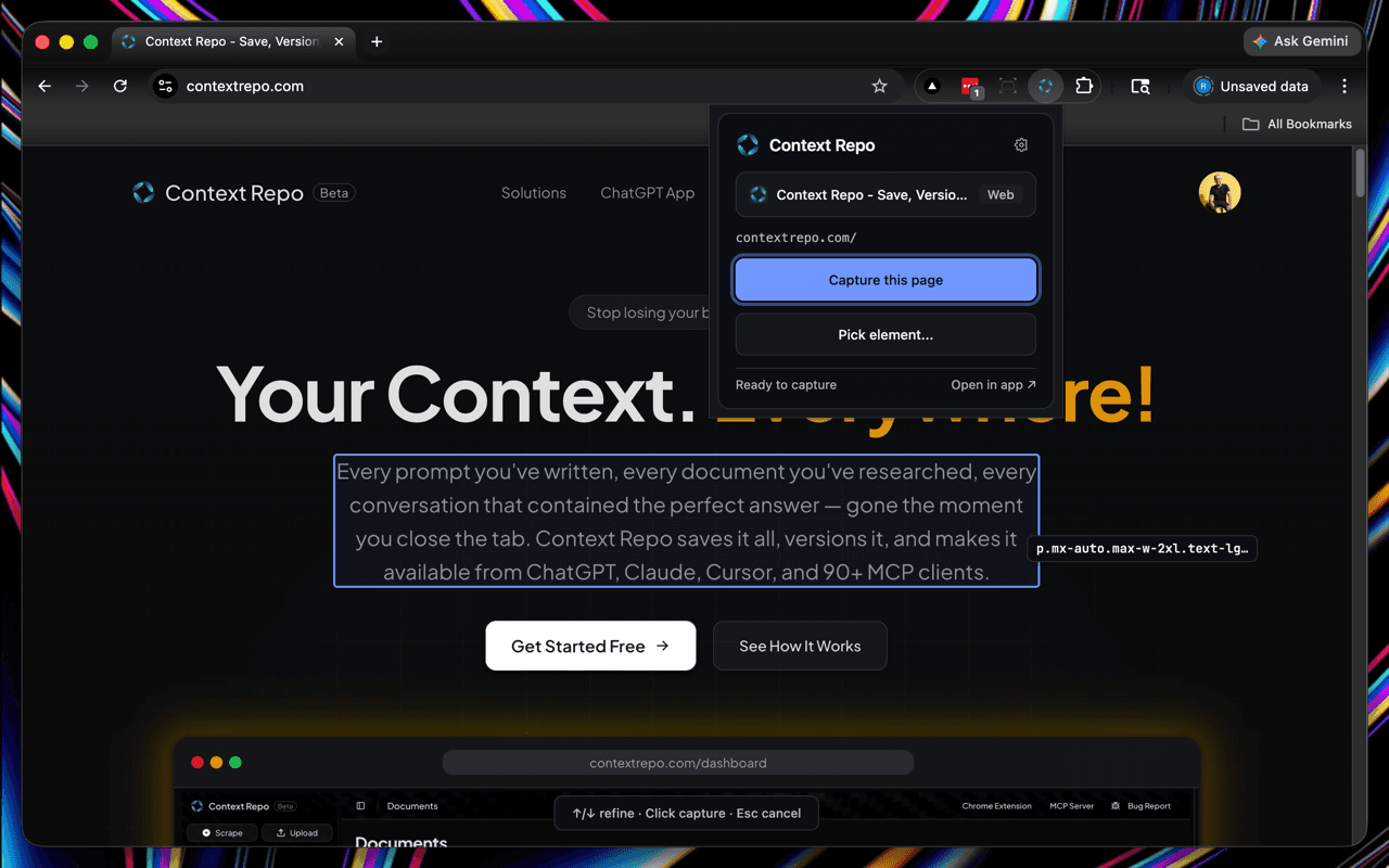 Context Repo extension picker mode highlighting a paragraph on contextrepo.com, with the popup showing Capture this page and Pick element actions