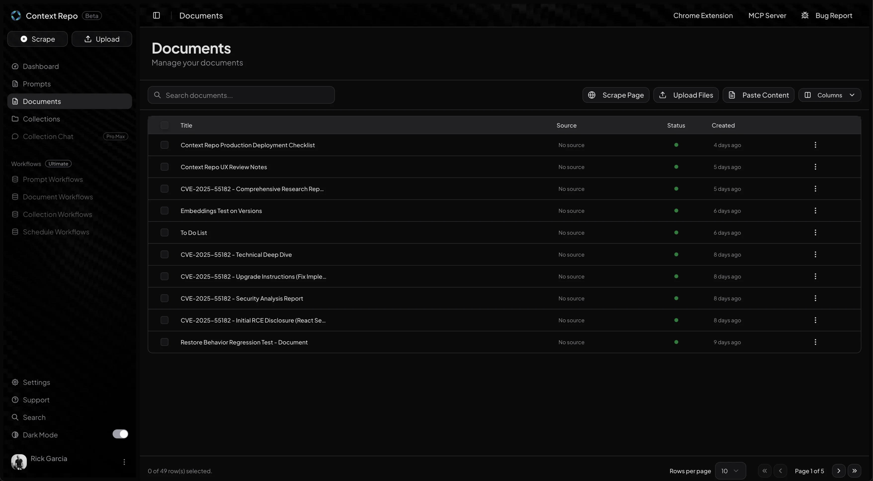 Context Repo Dashboard - Manage prompts, documents, and collections