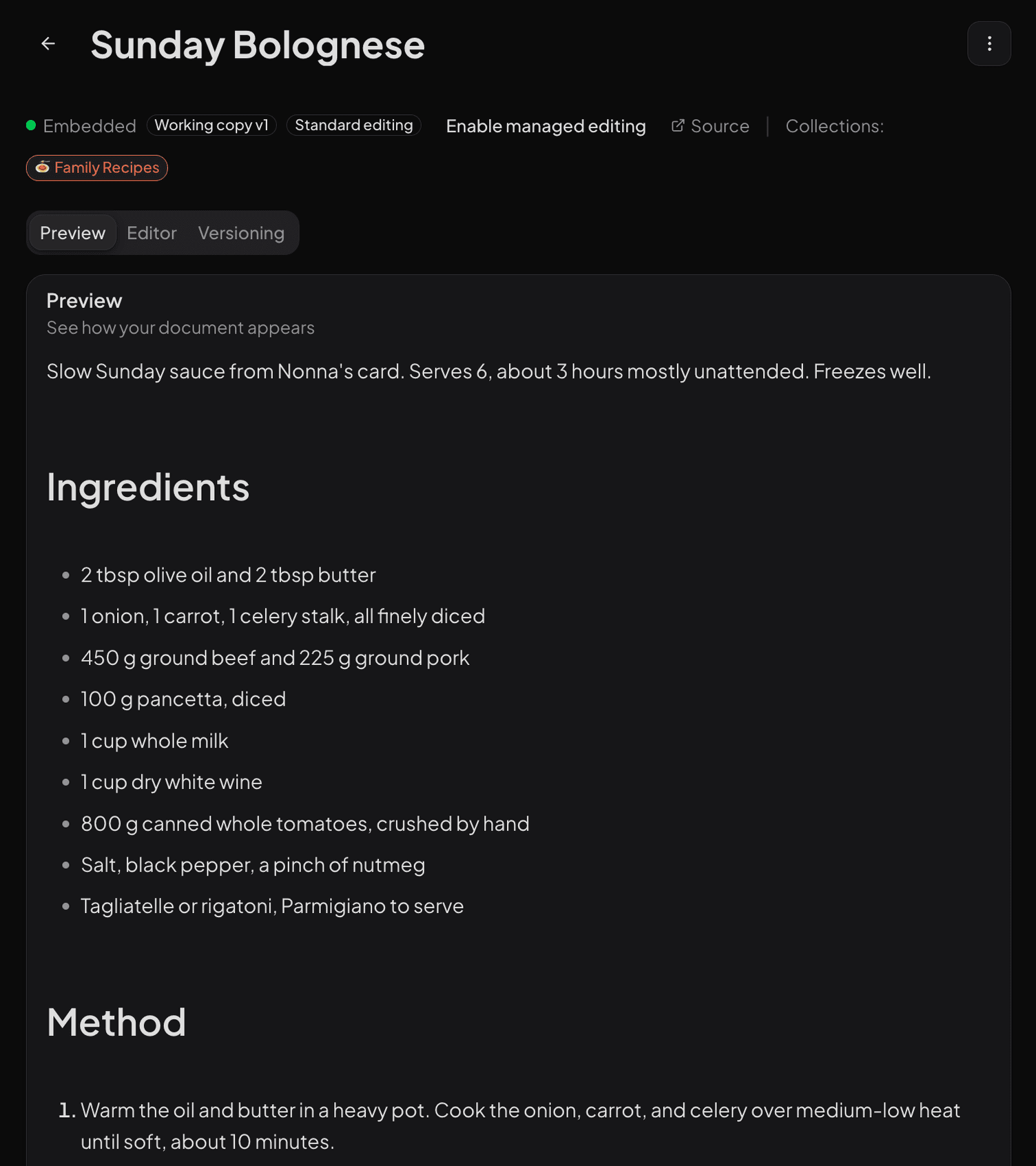 The Sunday Bolognese document page in the real dashboard, dark mode: title, Embedded status, Working copy v1 and Standard editing badges, the Family Recipes collection chip, the Preview, Editor, and Versioning tabs, and the rendered recipe with its intro, Ingredients list, and the start of Method.