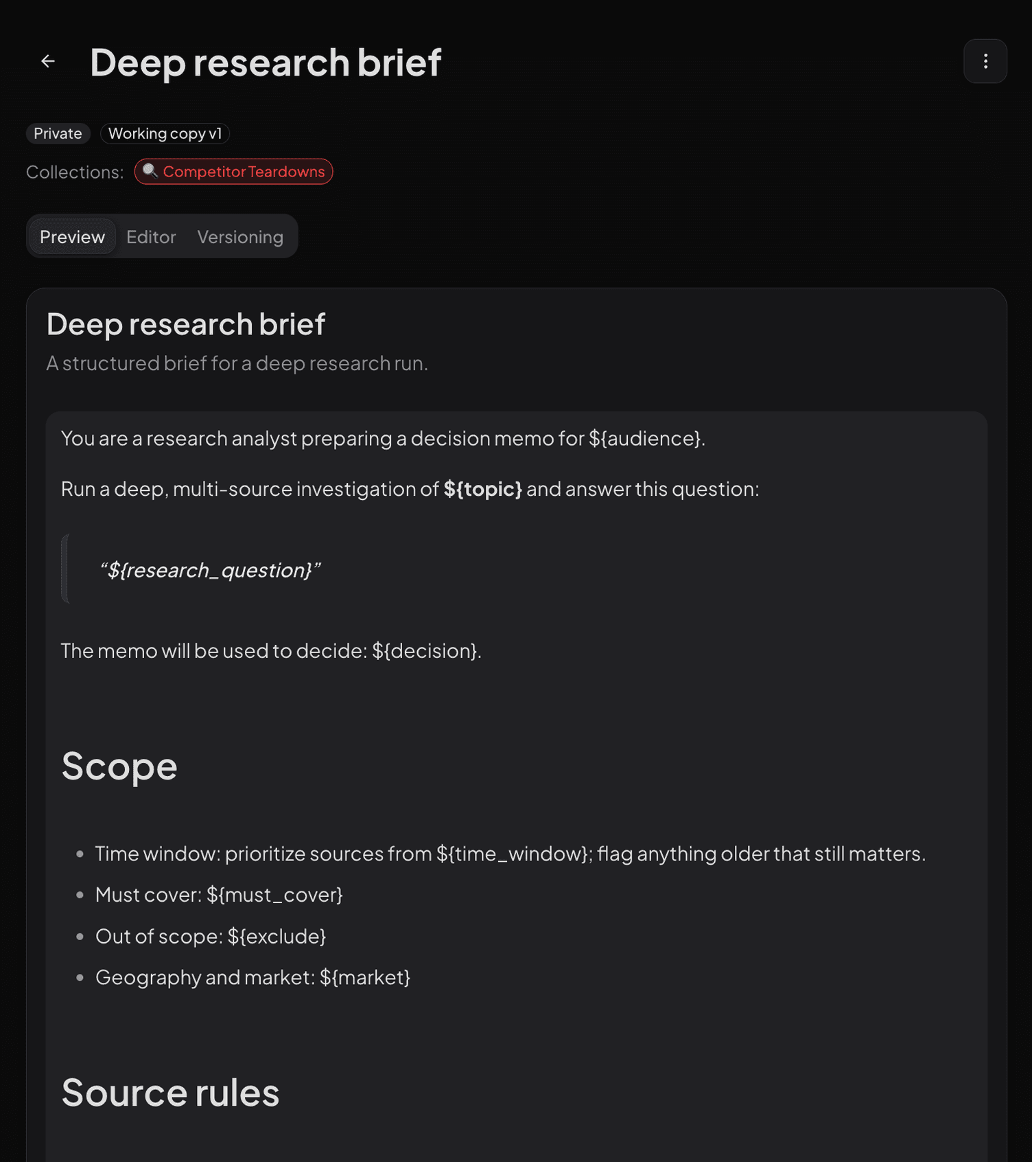 The Deep research brief prompt page in the real dashboard, dark mode: title, Private and Working copy v1 badges, the Competitor Teardowns collection chip, the Preview, Editor, and Versioning tabs, and the rendered template with its ${audience}, ${topic}, ${research_question}, and ${decision} variables followed by the Scope list.
